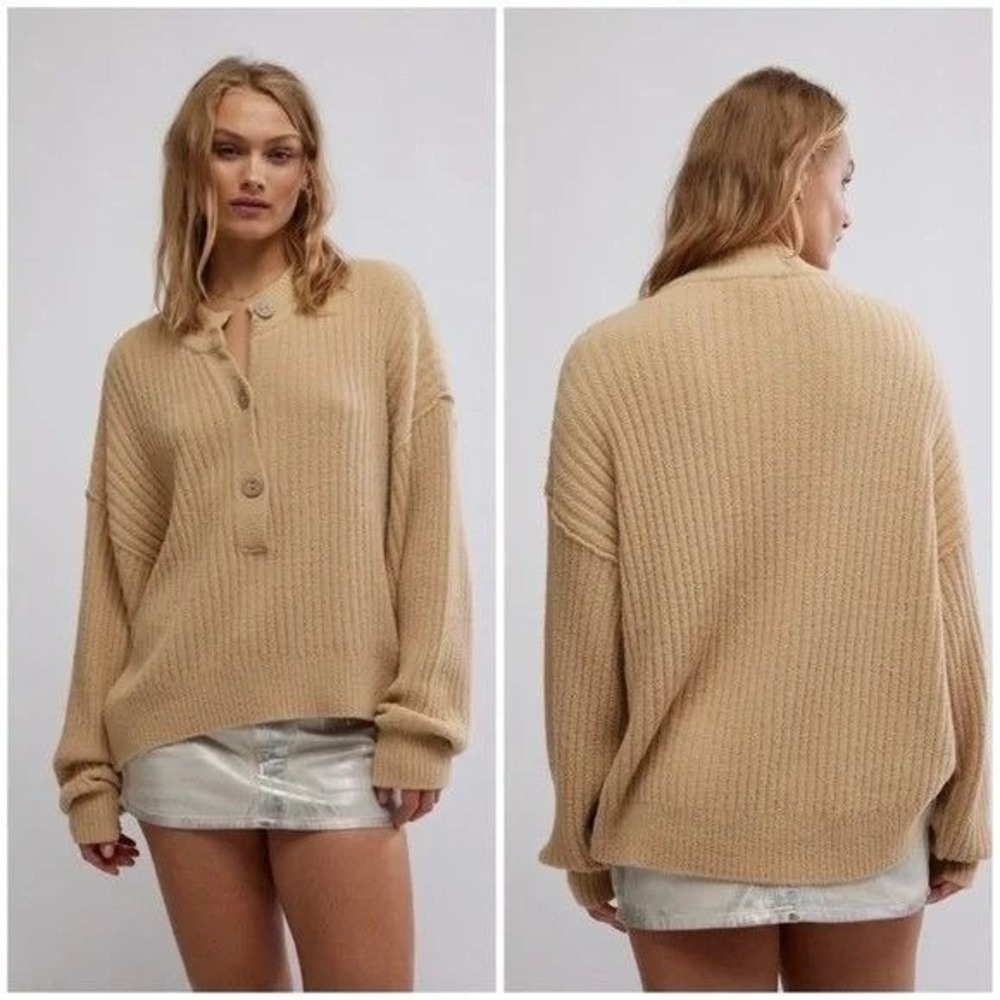 Free People COCOA HENLEY Pullover Chunky Ribbed Soft Oversized Medium Minimalist